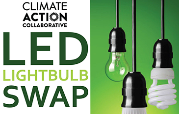 Text: climate action collaborative LED lightbulb swap with a picture of LED bulbs