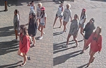 Side by side images of a group of six people walk along a cobbled street wearing red white and blue as well as a red sweatshirt that says 